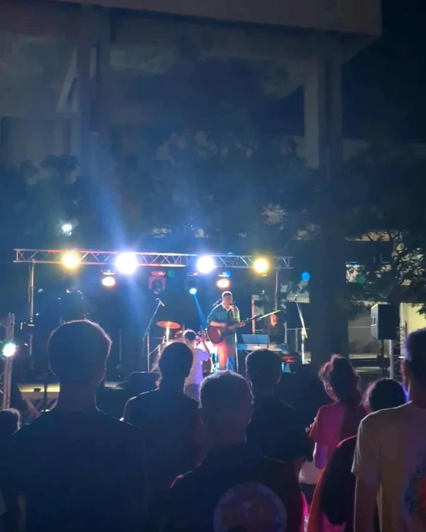 Le public de dos, face à un chanteur guitariste seul sur la scène éclairée de blanc et de bleu.